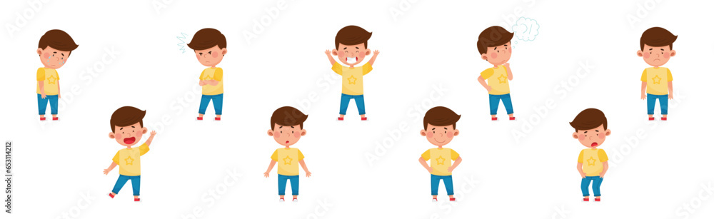 Poster little boy character showing face expression and emotion with gesture vector set