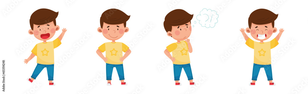 Aufkleber little boy character showing face expression and emotion with gesture vector set