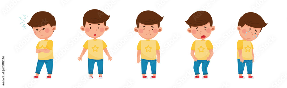 Poster little boy character showing face expression and emotion with gesture vector set