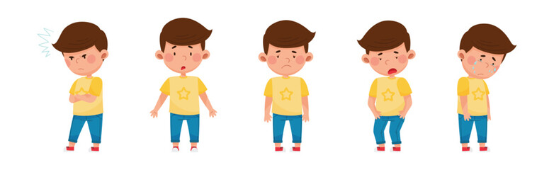 Little Boy Character Showing Face Expression and Emotion with Gesture Vector Set