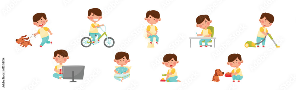 Poster little boy enjoying different daily activity vector set