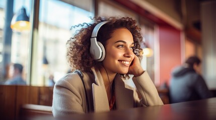 Smiling woman listening to music through wireless headphones and playing on tablet sitting in a coffee shop - obrazy, fototapety, plakaty