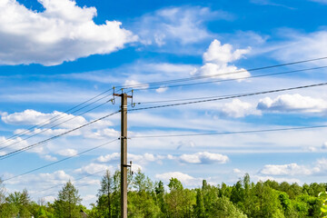 Power electric pole with line wire on colored background close up