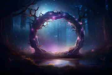 Foto auf Leinwand Magical majestic portal in the shape of a circle in Mystical dark forest,Magic lights. Gateway to another realm,Wonders,Hidden secrets, Unknown,Shimmering magic ring,Journey,Vector illustration. © JewJew