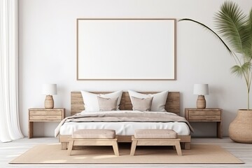 Bedroom interior background with rattan furniture and empty frames
