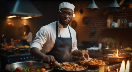 African chef in uniform cooking in a kitchen, 5 star Michelin recipe. - obrazy, fototapety, plakaty