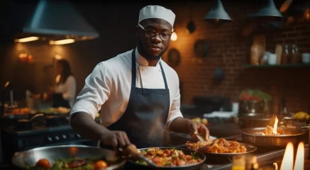 Foto op Plexiglas African chef in uniform cooking in a kitchen, 5 star Michelin recipe. © visoot