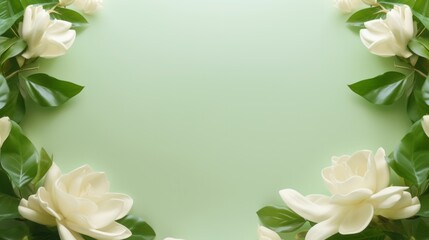 Space in the middle, white gardenias and green leaves on both sides, light green walls, soft colors