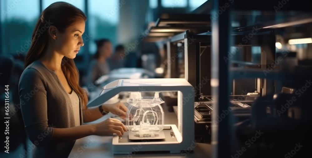Poster Engineer woman working with a prototype model on a 3d printer in a laboratory, Using equipment technology and 3d printing, Creativity.