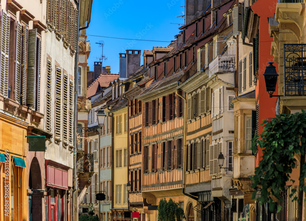 Poster Ornate traditional half timbered houses in the old town of Grande Ile, the historic center of Strasbourg, Alsace, France