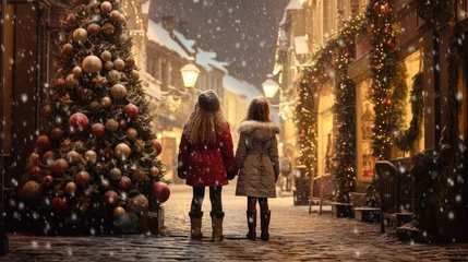 Foto op Aluminium Two young girls standing on the Christmas street looking at the Christmas tree covered with snow © somchai20162516