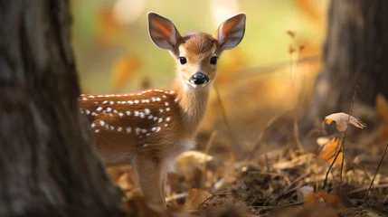 Rolgordijnen Cute spotted baby deer in wild © Daniel