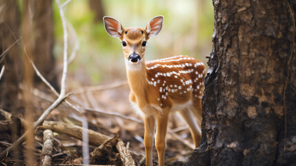 Cute spotted baby deer in wild