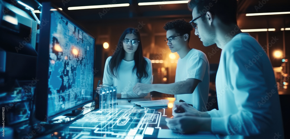 Poster team scientists doing work in a modern office of a technology company on the development of a quantu