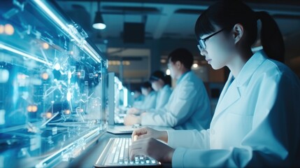 Female data scientist working with supercomputer server in a modern office of a technology company, Data Protection Network for Cyber Security.
