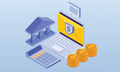 Financial bills, financial instruments Check wages and employment documents.on blue background.3D design.isometric vector design Illustration.