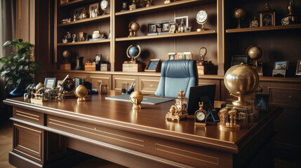 Empty luxury desk with sports trophies in business office.