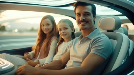 Family in a self-driving car controlled, Autonomous driving technology, AI and human interaction concept.