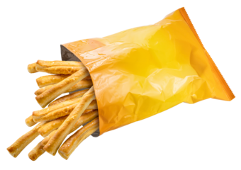 Baked bread stick fall out of red bag isolated on white background, Pretzel baked bread on white PNG File.