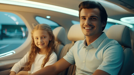 Family traveling in a self-driving car controlled, Autonomous driving technology, AI and human interaction concept.