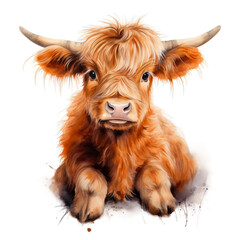 Baby highland cow watercolor clipart on transparent background. Generative AI illustration - obrazy, fototapety, plakaty