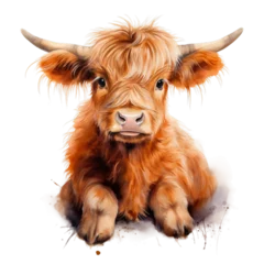 Foto op Canvas Baby highland cow watercolor clipart on transparent background. Generative AI illustration © Thuy Nguyen