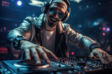 Obraz na płótnie Canvas Happy man dj with headphones on stage.