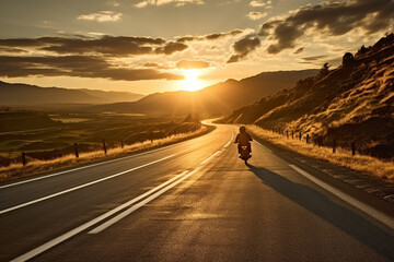 motorbike running on asphalt road in countryside at sunset
