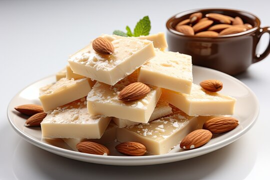 Milk powder barfi also known as Mava burfi, white Khoya burfi with almonds