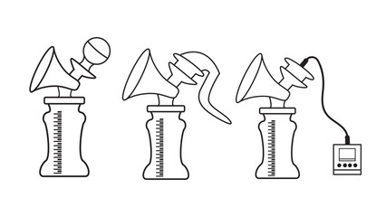 Set of Breast pump icon. breastfeeding tools. child feeding bottle. Outline icon of baby milk bottle. 