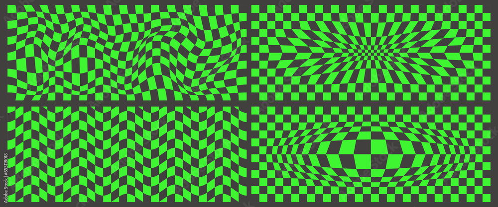 Poster checkerboard pattern. black and green psychedelic wavy backgrounds set. abstract grid warp texture. 
