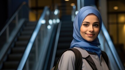 Muslim female maintenance technician working in an industrial setting with an escalator or elevator. - obrazy, fototapety, plakaty