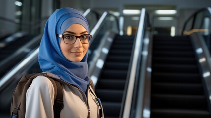 Muslim female maintenance technician working in an industrial setting with an escalator or elevator. - obrazy, fototapety, plakaty