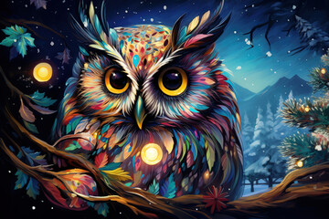 colorful magical owl in the night, winter scene with snowflakes