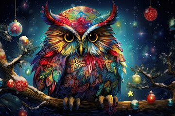 fantasy owl sitting on a branch at night surrounded by christmas baubles