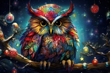 Fototapeten fantasy owl sitting on a branch at night surrounded by christmas baubles © Dianne