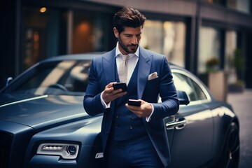 Businessman standing next to his luxury car holding a smartphone