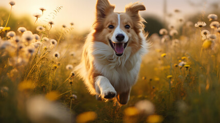 Energetic dog walking through the meadow