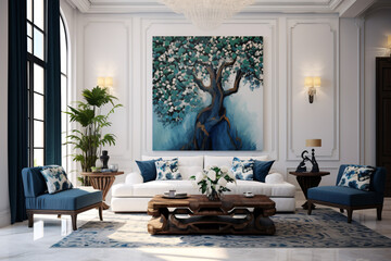 Modern living room featuring mediterranean interior design with stylish sofa, wall, table, and art