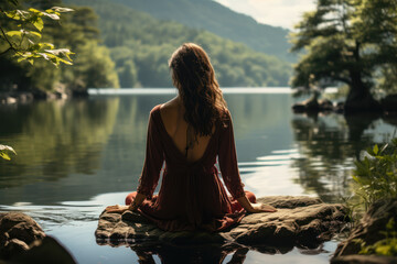 A person practicing mindfulness meditation by a tranquil lake, emphasizing the connection between nature and inner peace. Generative Ai.