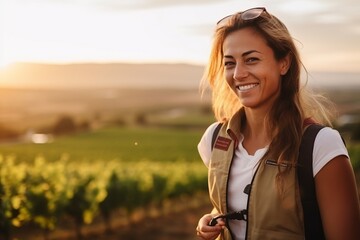 Portrait of happy young woman with backpack in vineyard at sunset - obrazy, fototapety, plakaty
