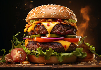 Juicy burger with double patty and cheddar cheese. Close-up, side view. On a dark background.