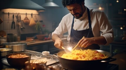 Chef cooking pasta in a bright kitchen.
