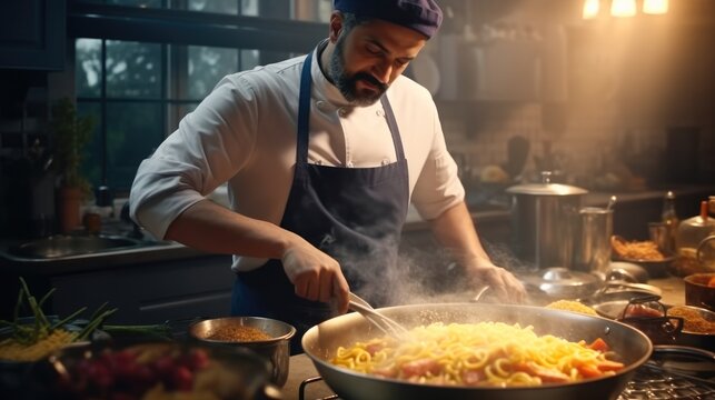 Chef cooking pasta in a bright kitchen.