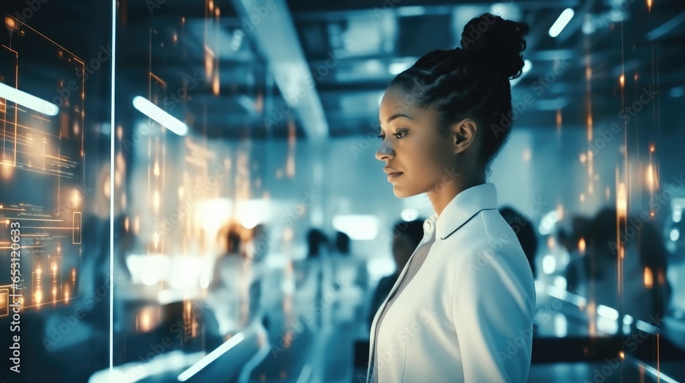 Fototapete data engineer woman working with supercomputer server cabinets in a modern office of a technology co