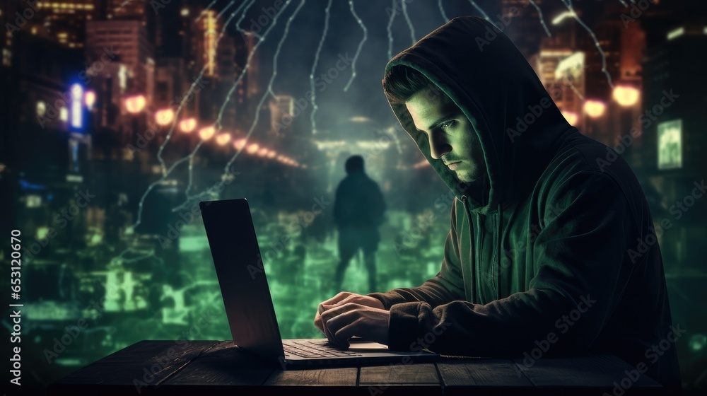 Fototapete Hacker using laptop with world map background, Digital neon lights.