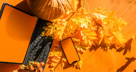 Autumn background laptop and smartphone empty screen mockup