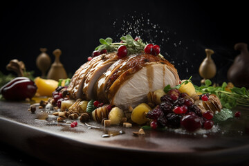Roasted turkey with cranberries and nuts on a black background. - obrazy, fototapety, plakaty