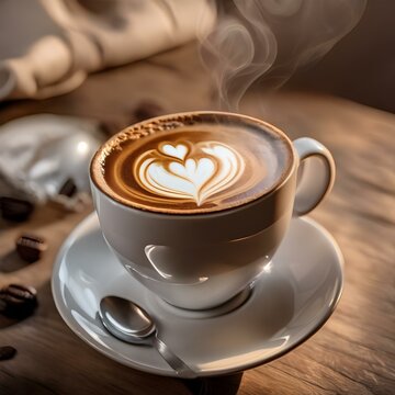A steaming cup of rich, aromatic coffee with a heart-shaped latte art design on top1