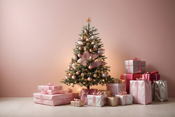 Simple Christmas tree and presents on light pink solid background. Generative ai.